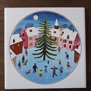 VILLEROY & BOCH Naif Christmas Tile Trivet "Village Snow Scene" 6"X6" vtg